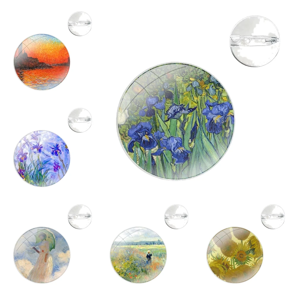 Glass Dome Brooches Badge Pins For Clothes Hat Shirt Lapel Bag Claude Monet Oil Painting Sunflower