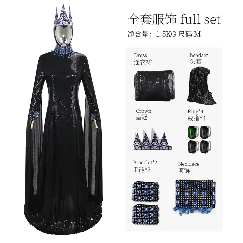 Anime Costume Snow Queen White Evil Cosplay Fantasy Black Long Dress Crown Halloween Party Costumw;3'f,6;t.8' view 6