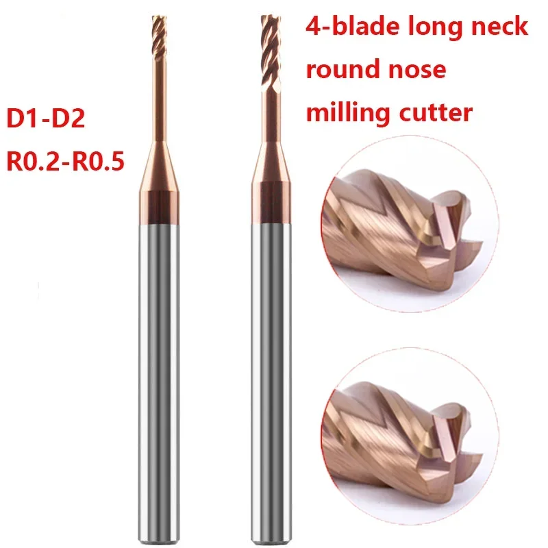 HRC60 4Flute Solid Carbide Long Neck Bull Nose Milling Cutter Deep Groove Round Endmill R-Angle Small Diameter Min R0.1  R0.2