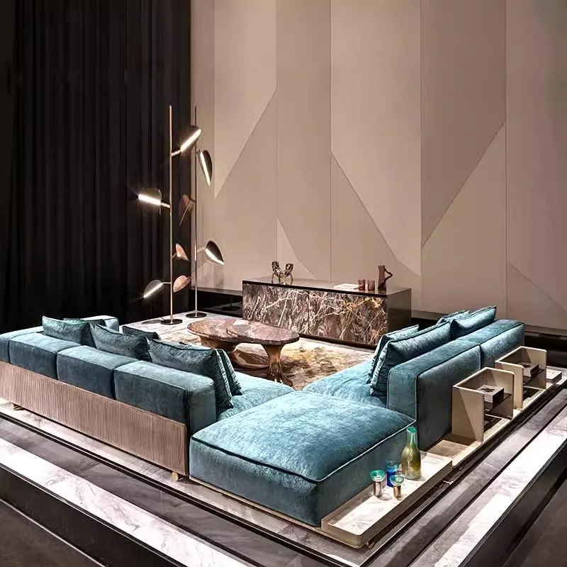 #￥MR Italian Pure Leather Stainless Steel Sofa Corner Couch Sofa Set Living Room Modular Sofas for Home Hotel Furniture