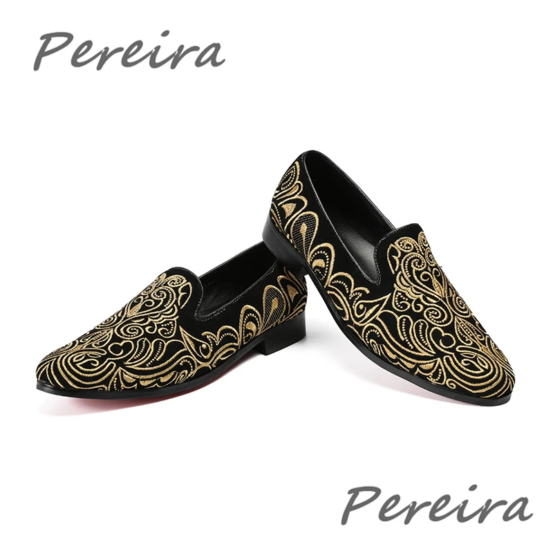 Fashion Men Casual Shoes Flats Fashion Embroiderey Gold Floral Loafers Red Blue Black Slip On Comfort Male Handmade Flat Shoes