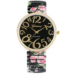 Women Quartz Watch Large Arabic Number Dial Ladies Wristwatch Femmes Unique Elastic Printing Strap Girls Watches Reloj Mujer