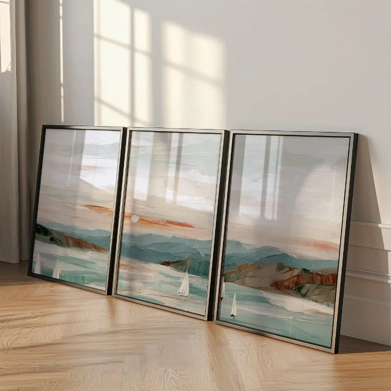 Tranquil Coast Triptych Art Poster-Abstract Impressionist Style Wall Decor,Exquisite Canvas Wall Art,Perfect Gift for Art Lovers