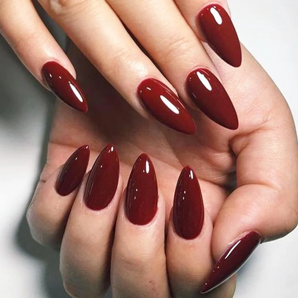 24pcs press on nails short almond Wine red press on nails Solid color sweet french tip press on nails cute nail