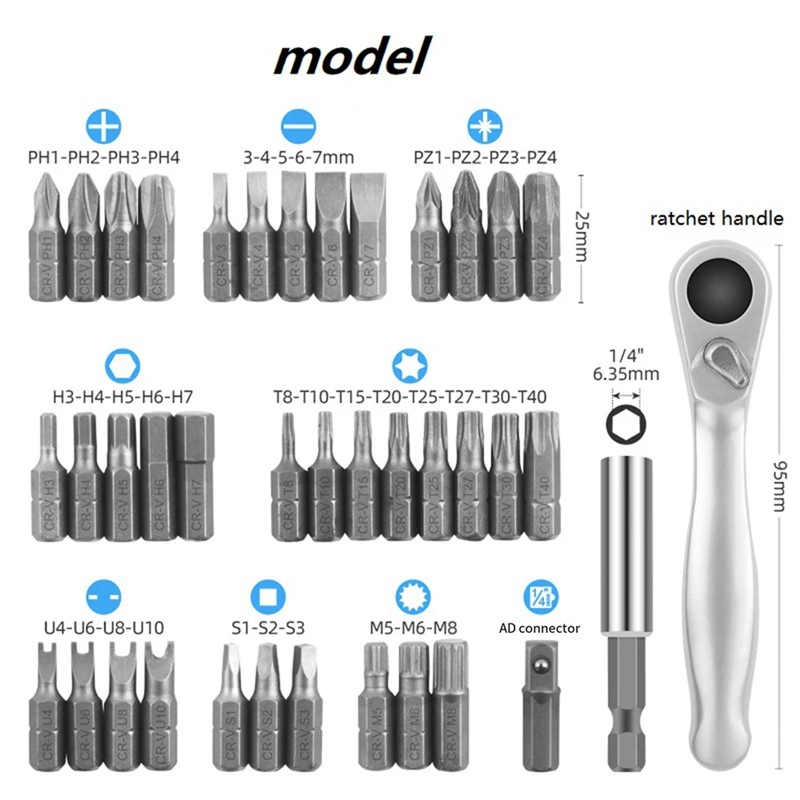 39 PCS Special-Shaped Screwdriver Screwdriver Screwdriver Set Silver & Black Metal Ratchet Screwdriver Screwdriver Head