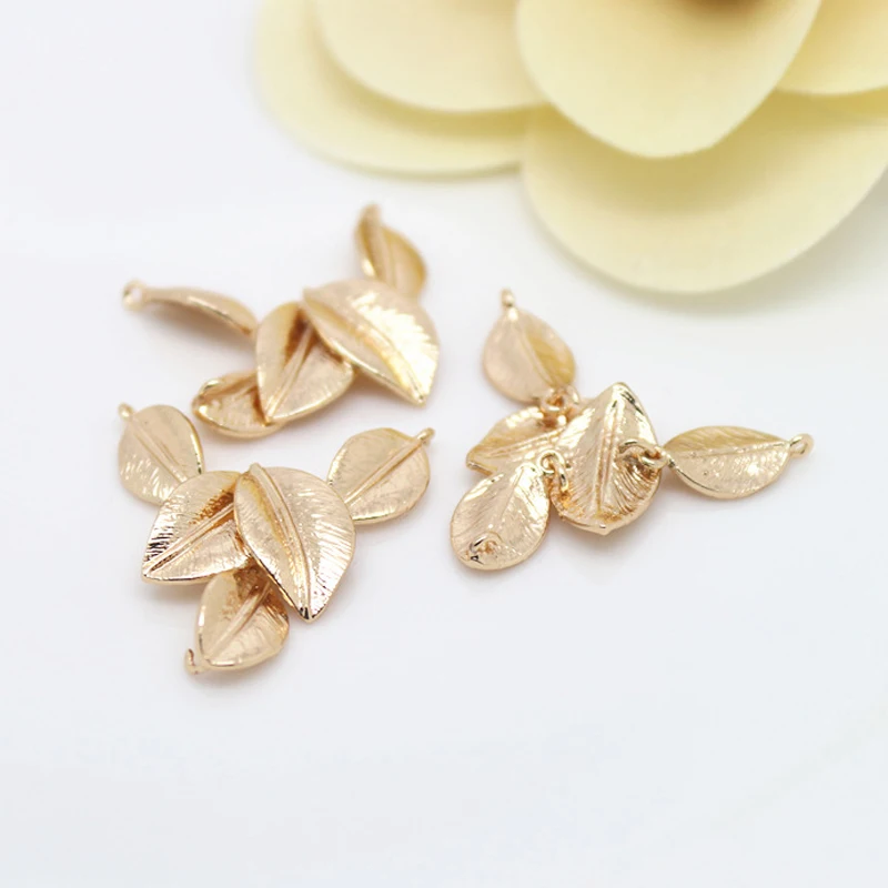 (1616)4PCS 34*19MM 24K Champagne Gold Color Brass Connect Tree Leaf Charms Pendants High Quality Jewelry Findings Accessories