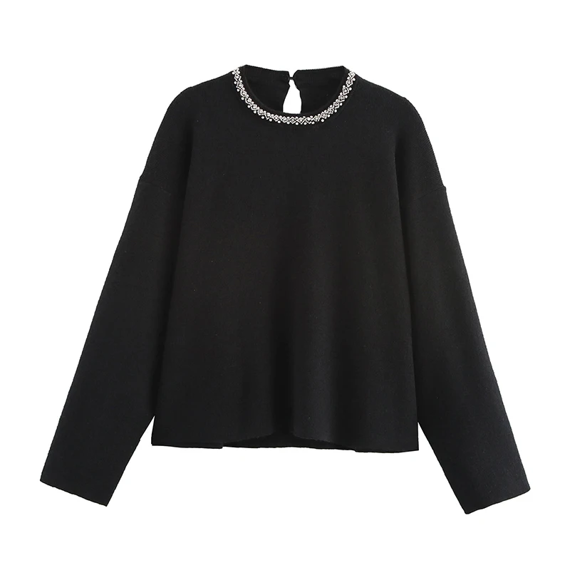 YENKYE 2025 Women Faux Jewel Collar Knitted Sweater Long Sleeve Round Neck Black Crop Pullover Streetwear Knitwear