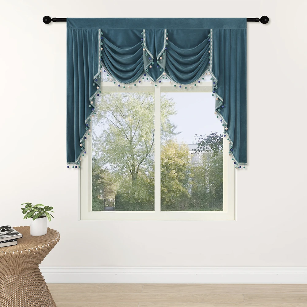 New Design Solid  Window Luxury Valance Curtains with Attached Beads Waterfall Swags Jabot Fancy Small  Home Decor