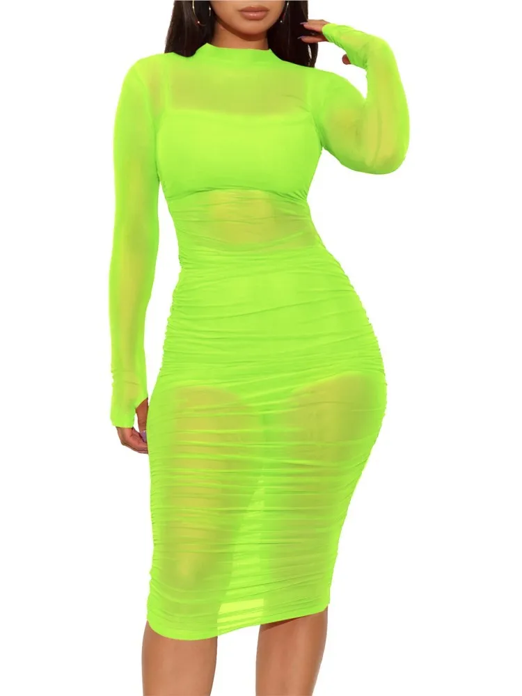 New Women Mesh See Through 3 Piece Set Bodycon Ruched Cover Up Mini Dress+Camis+Shorts 3 Pieces Suits Sexy Party Female Outfits