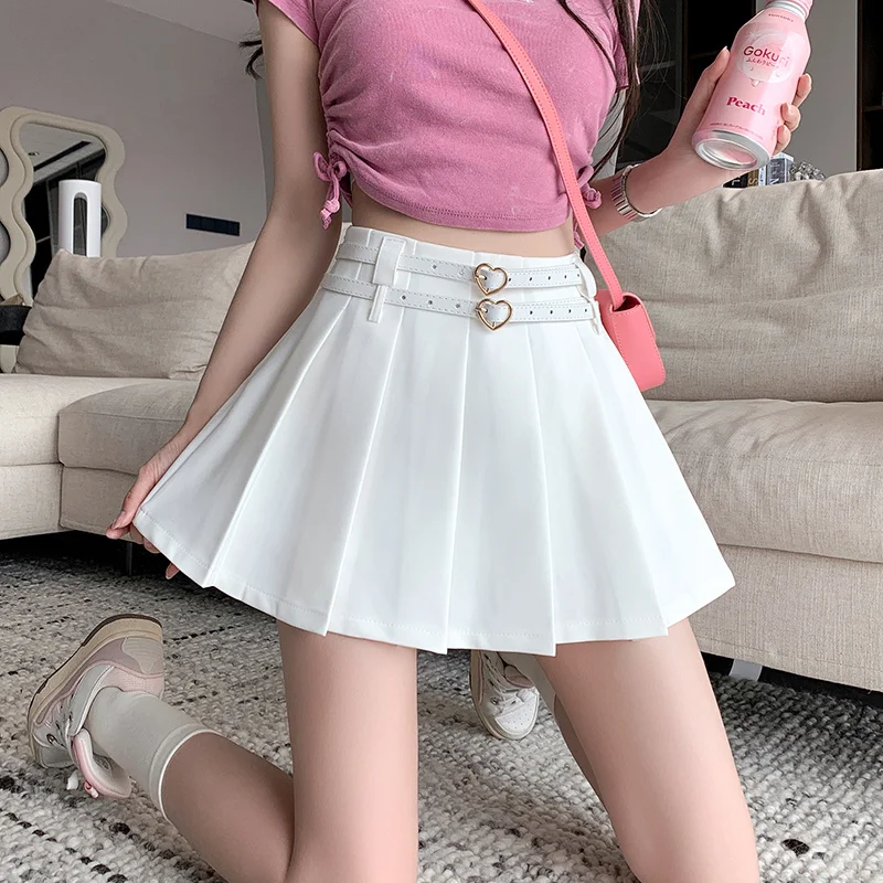 

2023 New Vintage Women's skirt korean fashion Harjuku Mini Skirts Casual Preppy Style High Sweet Waist Short Pleated Skirt Belt