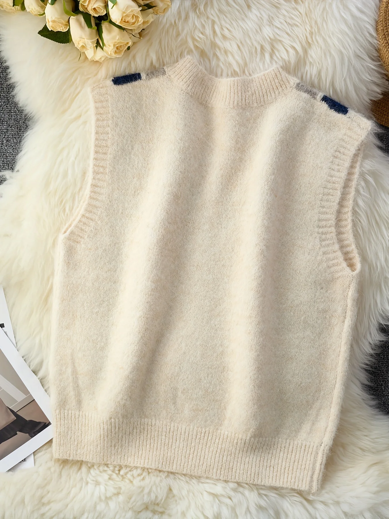 한국 스타일 대학풍 겹겹이 쌓인 깅엄 체크 V넥 니트 가디건 베스트 루즈핏 아우터웨어 민소매 스웨터 베스트