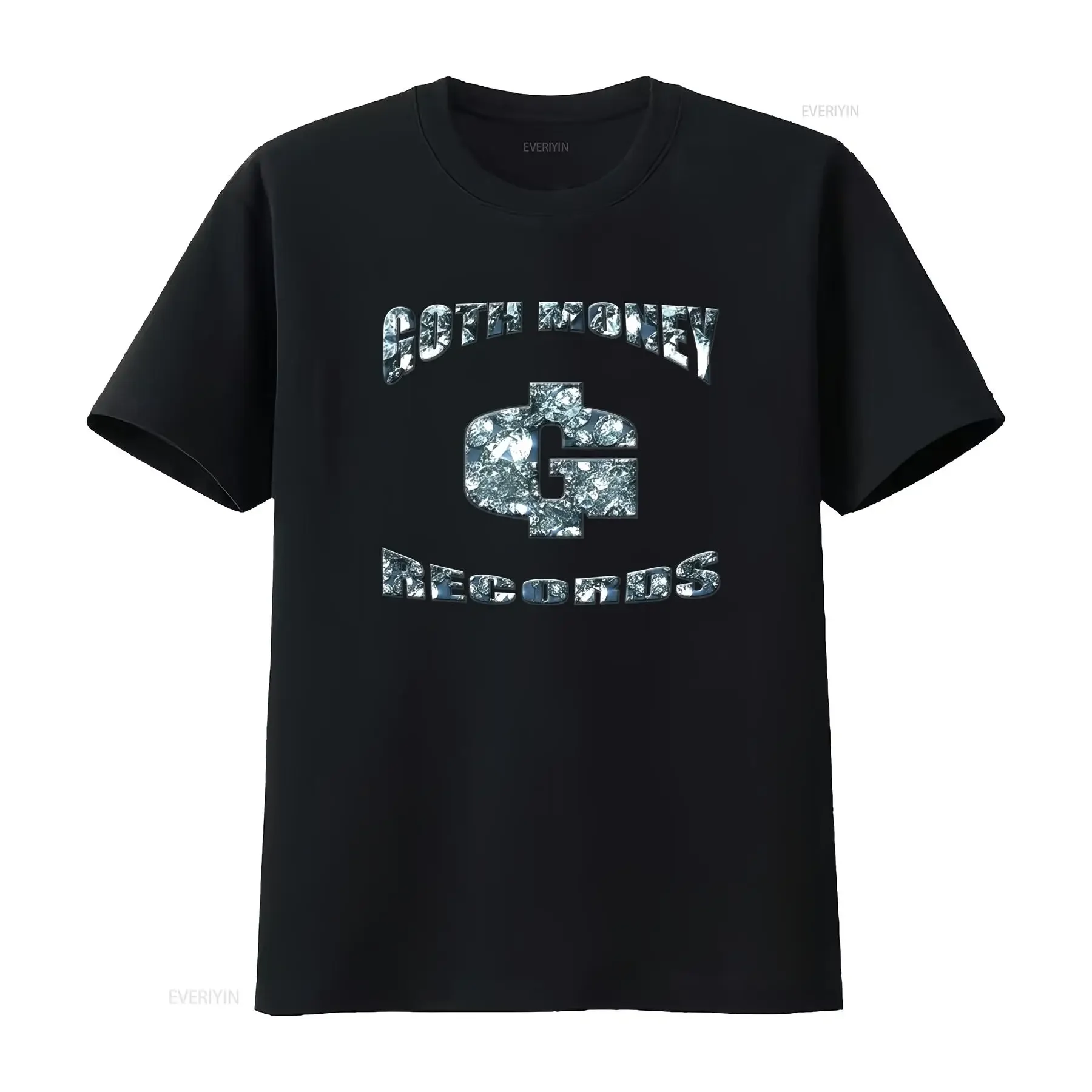 Goth Money Records T-Shirt im Strass-Stil, Schwarz, Vintage-Waschung, Herren, Stretch-Streetwear-Oberteil für den Alltag