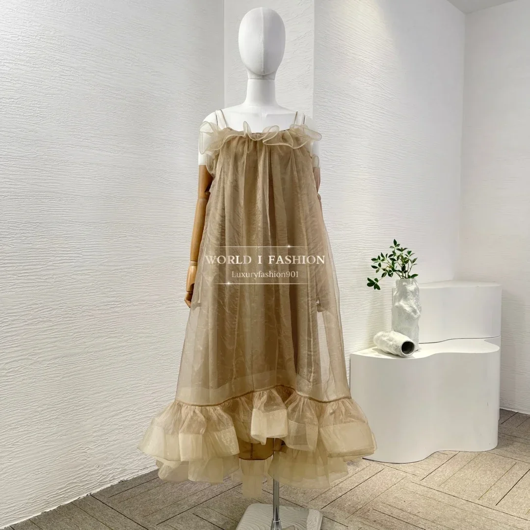 فستان متوسط الطول بطباعة رمادية عالية الجودة بدون أكمام 2025