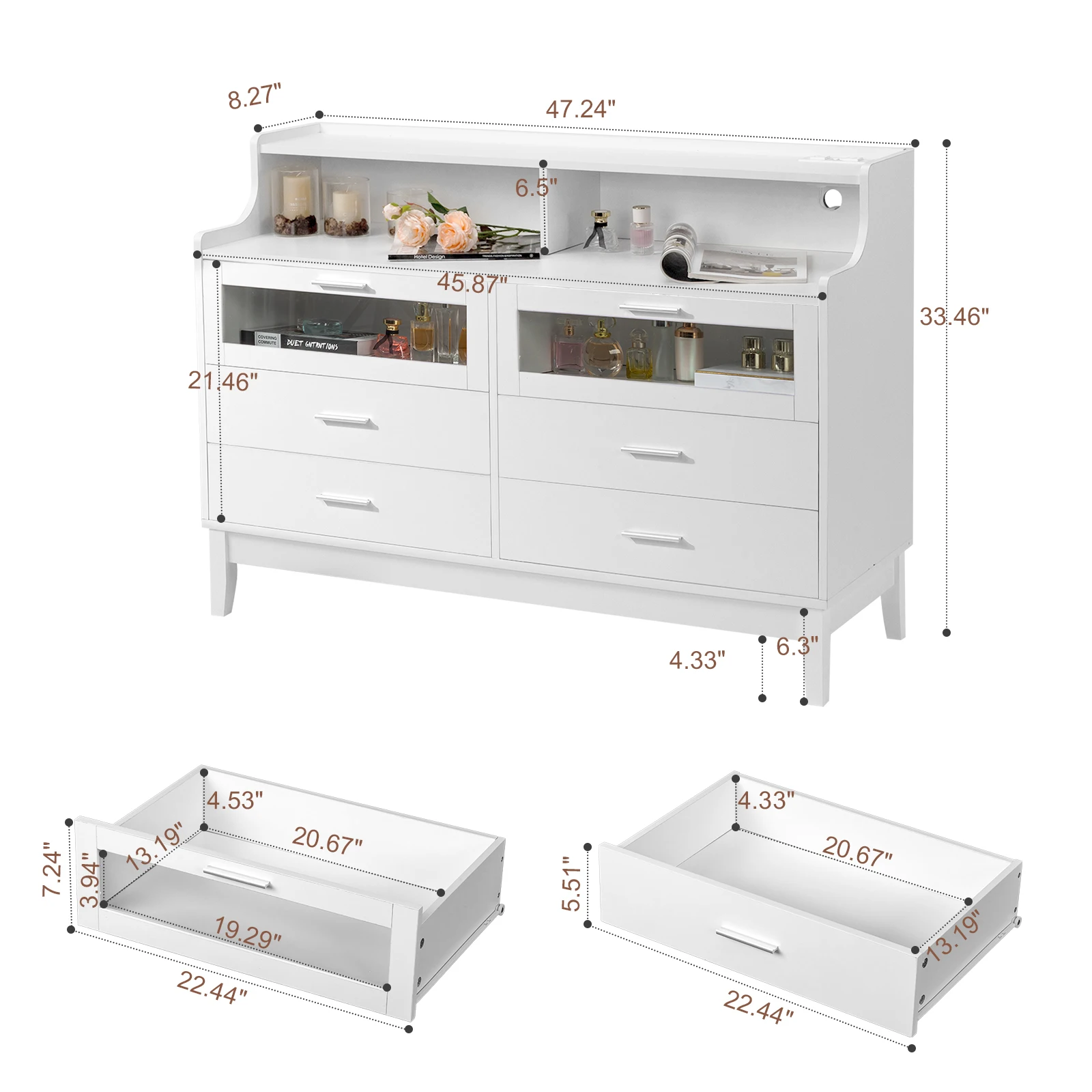 White Wood Tempered Glass Drawer Dresser with LED Light Strips & Charging Station & USB Ports Bed Table