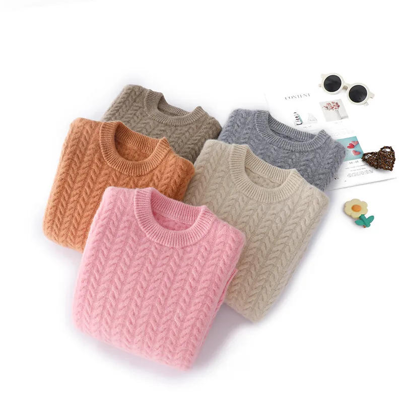 

Children 100% pure wool sweater Autumn and Winter Male and female children Knitted Thickened Warmth Solid color pullover Sweater