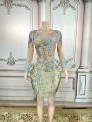 Sexy Women New Diamonds Crystal Floral Tassels Dress Skinny See Through Women Nightclub Party Dance  Plus Size