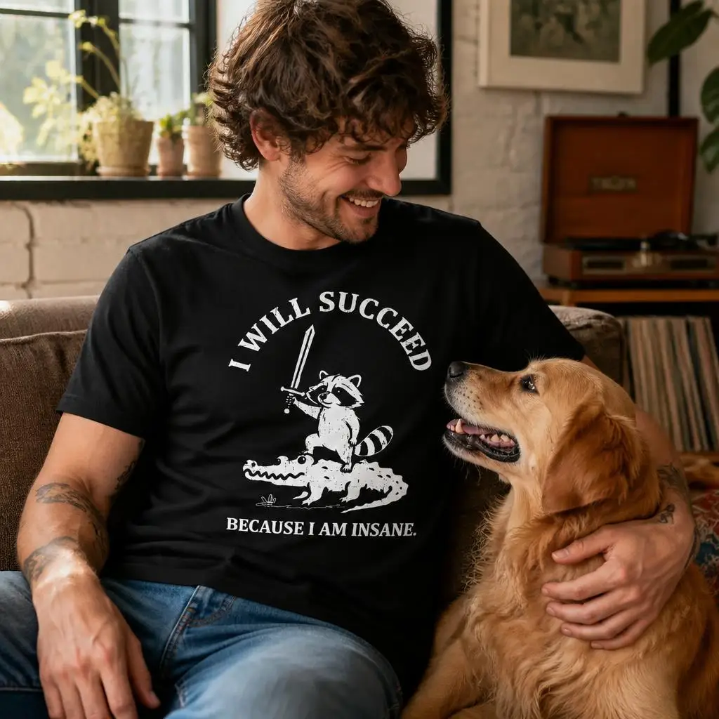 I Will Succeed Because I Am Insane Jimothy Viral Raccoon T Shirts Casual Tees Short Sleeve Round Collar T-Shirt Pure Cotton Tops