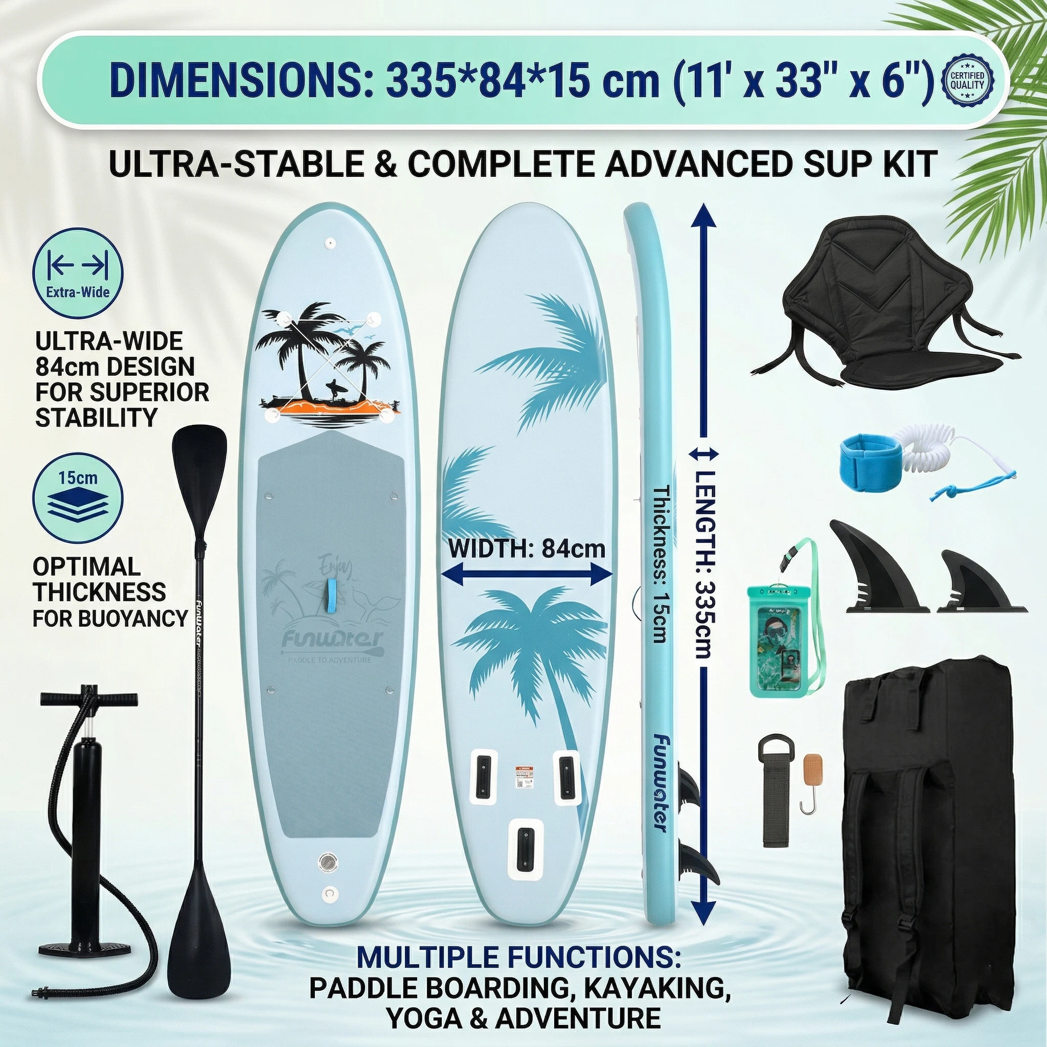 Planche de paddle gonflable Funwater 11FT 33 " de large, modèle Palm Tree ISUP, avec siège de kayak, sac étanche pour téléphone, pour yoga, surf et SUP.