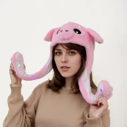 Animals Rabbit Hat with Moving Ears Plush Soft Women Girls Funny Cap Winter Unicorn Panda Pig LED Glowing Hat with Bunny Ears