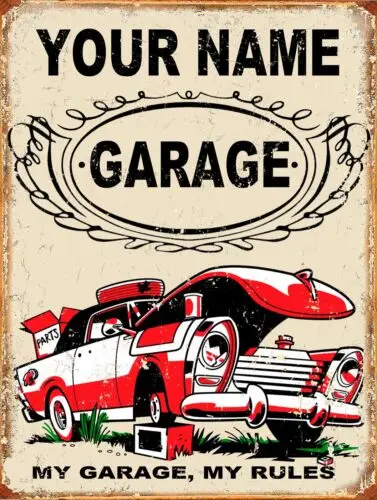 Personalised Customised Garage Sign Metal Plaque Retro Gift man cave shed