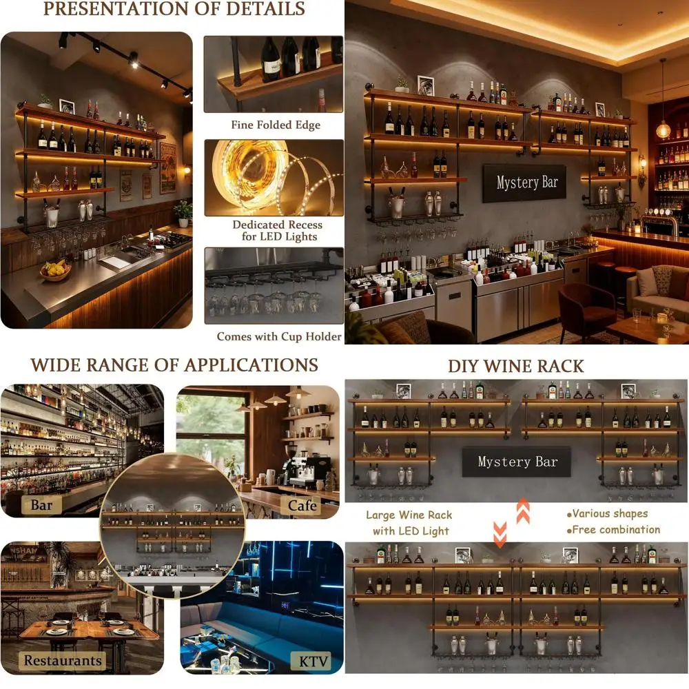 

4 Tier Large Wall Mounted Wine Rack, Bar Shelves with LED Lights & Glass Holder, Rustic Solid Wood Iron Liquor Bottles loating S