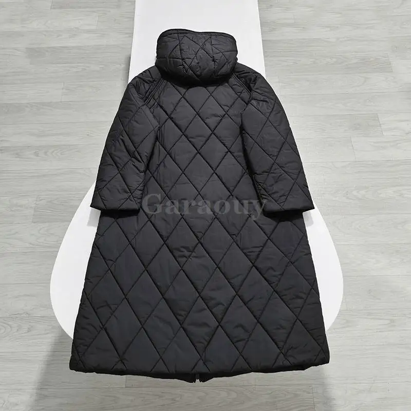 Garaouy 2023 Winter Women Loose Rhombic Lattice Hooded Zip Long Cotton Clothes Jacket Female Thickened Warm Parka Coat Outwear