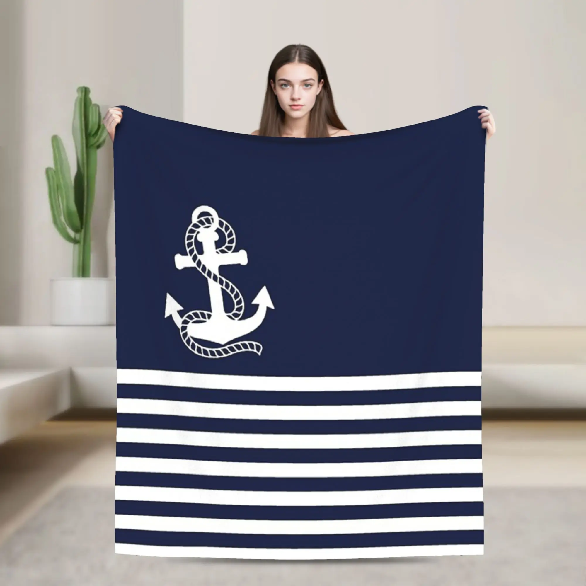 

Nautical Navy Blue Stripes and White Anchor Knitted Blanket Flannel Throw Blanket Home Couch Personalised Soft Warm Bedsprea