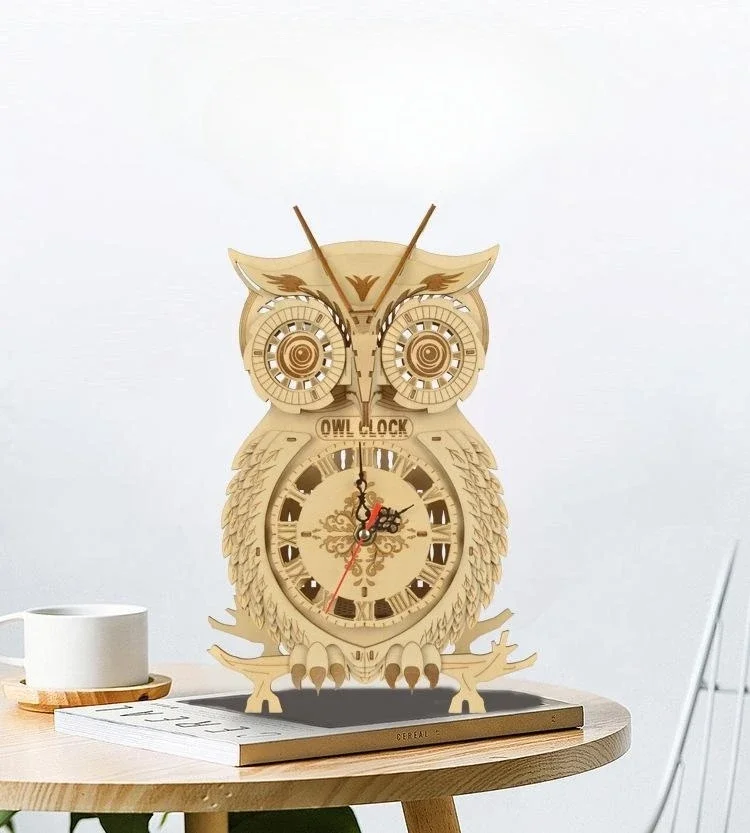 3D Wooden Puzzle Owl Clock Ornaments Model Handmade DIY Assembly Toy Building Block Kits Assembly Toy Gift for Teens Adult