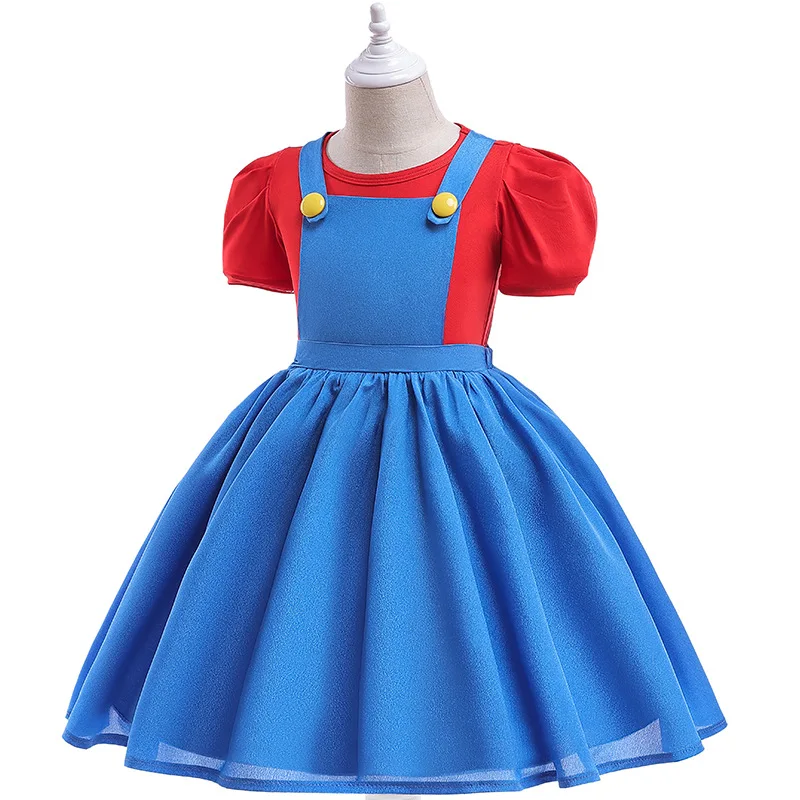 Children Girl Princess Dress Cartoon Super Mario Cosplay Costume Short Sleeve Cotton Kids Girl Birthday Party Dress