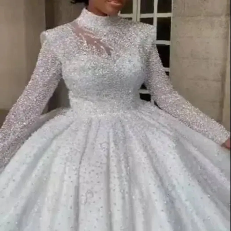 

Classic High Neck Sparkly Beads Sequins Ballgown Puffy Wedding Dress Robe De Mariée Illusion Long Sleeves Plus Size Bridal Gown