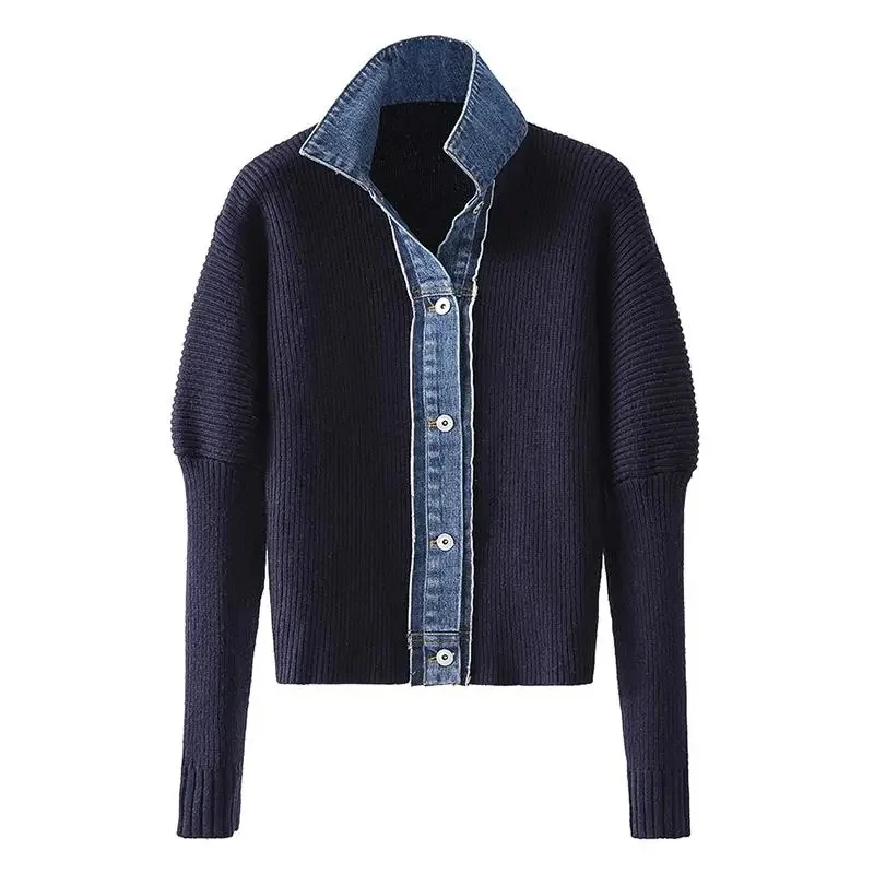 Spring Autumn New Knitted Women's Sweater Loose Stitching Denim Jacket Fake Two-Piece Cardigan Coat Short Female Top