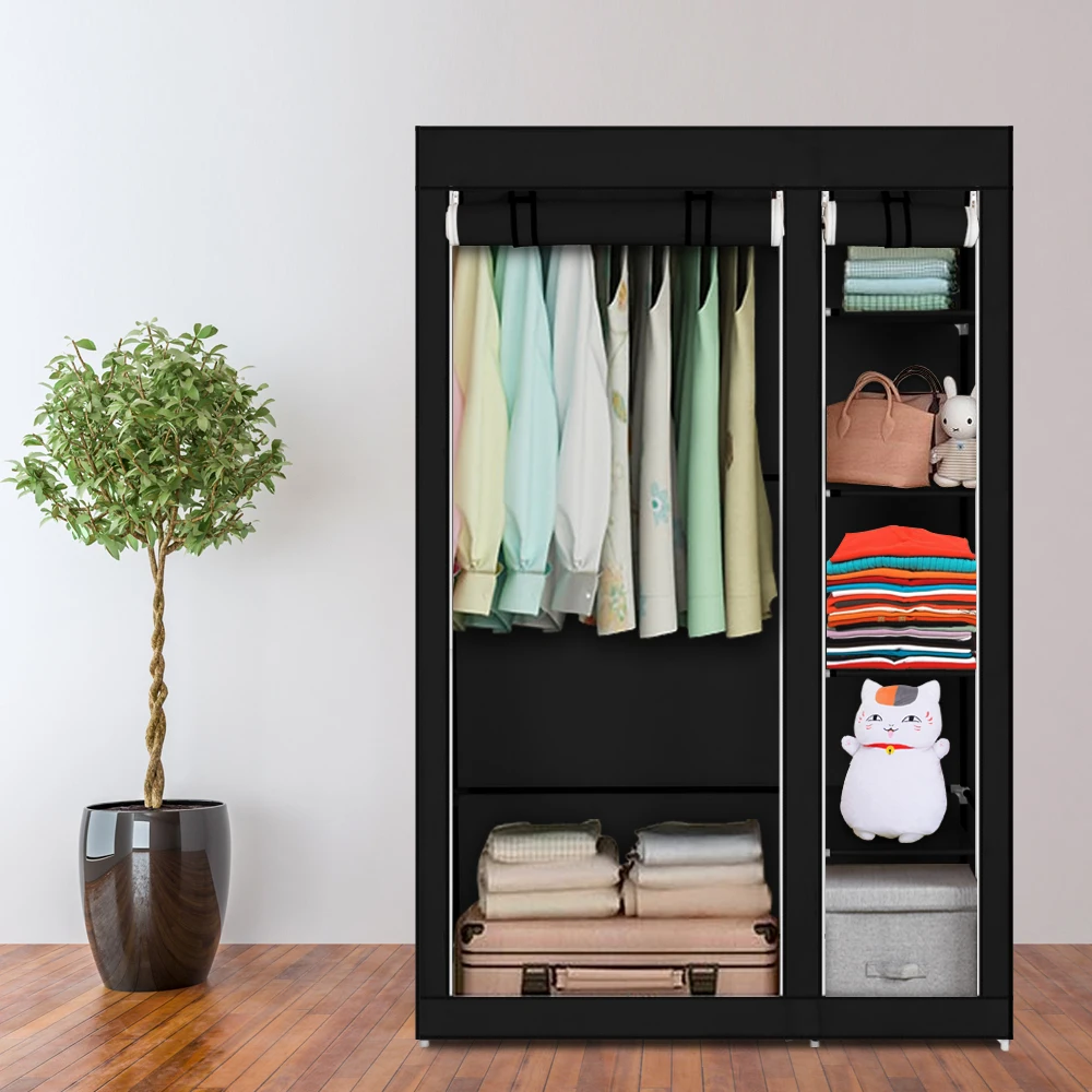 Portable Clothes Closet Wardrobe with Non-woven Fabric and Hanging Rod Quick and Easy to Assemble Black