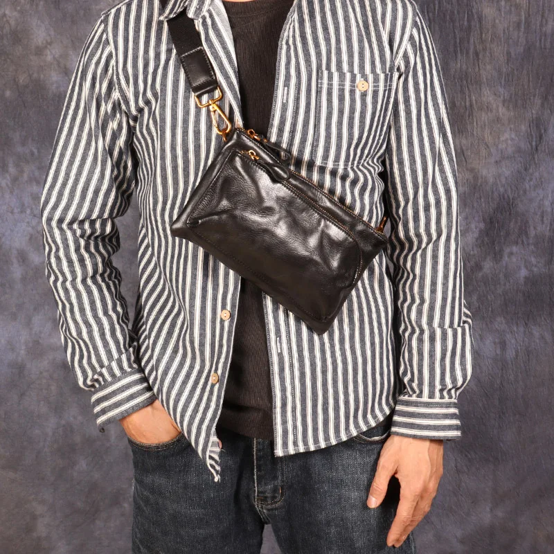 Plant tanned pleated mobile phone containing leather cowhide breast bag man retro motorcycle sling shoulder waist bag