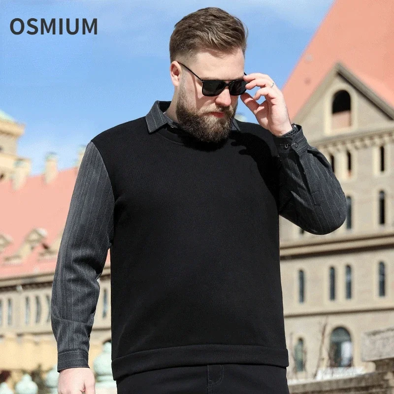 Plus Size Mens Clothing Fake Two-piece Set Spring Outerwear Shirt Black Oversized Shirts Warm Men Long Sleeve Top 6xl 7xl 8xl