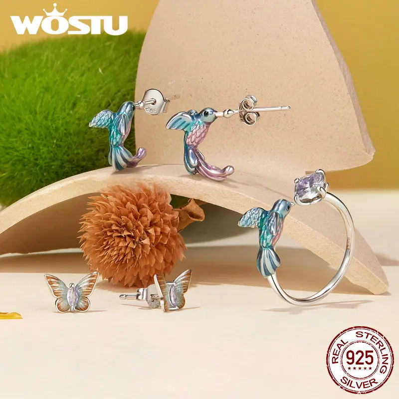 WOSTU 925 Sterling Silver Spring Jewelry Set Rainbow kingfisher Stud Earrings Opening Ring For Women Wedding Party Jewelry Gift