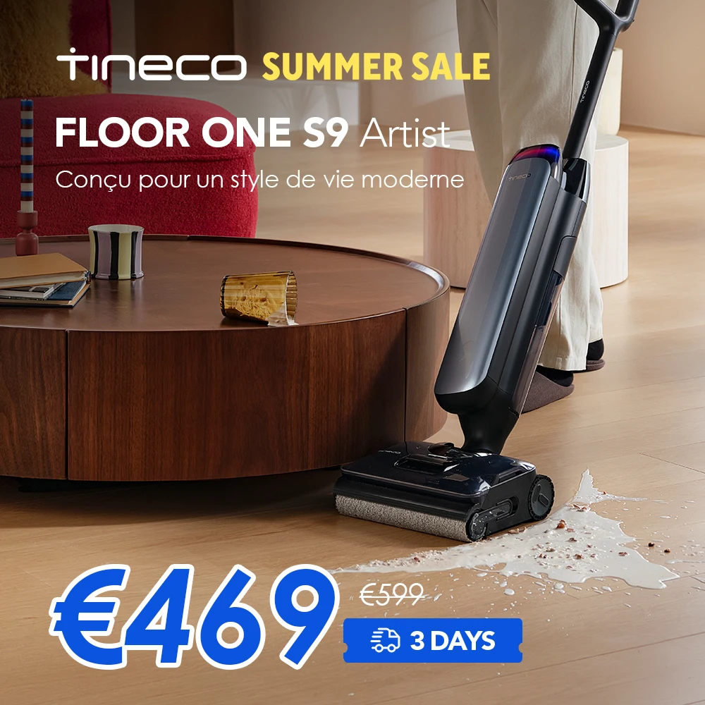 Tineco Floor One S9 Artist Aspirateur laveur, 22 kPa d'aspiration, 360° SmoothDrive, design anti-emmêlement, 50 min d'autonomie, nettoyage des bords des 2 côtés, s'aplatit à 180°, Flashdry à 85°C