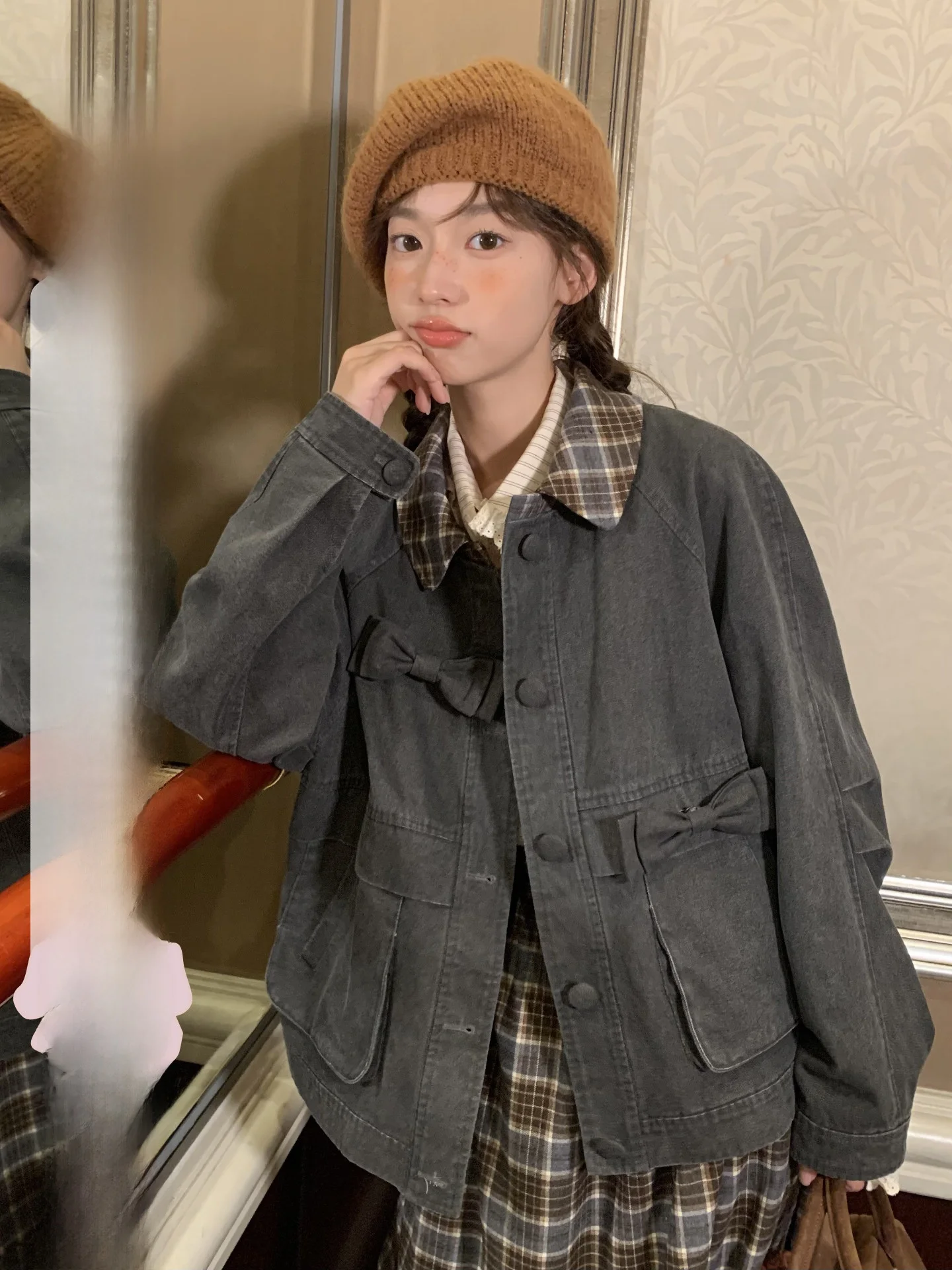 

Комплект из джинсовой куртки и юбки Qiang Jam: хлопковый клетчатый костюм-двойка для женщин, зимний, повседневный, для работы, дома, свиданий