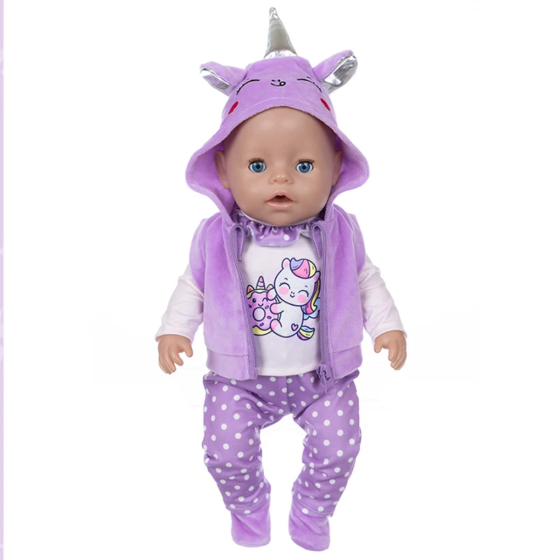 Doll Clothes 16-18Inch/40-45cm Cute Unicorn Jacket Hoodie Pants Baby Born Doll Rebirth Doll Clothes Accessory Doll Girl Gift