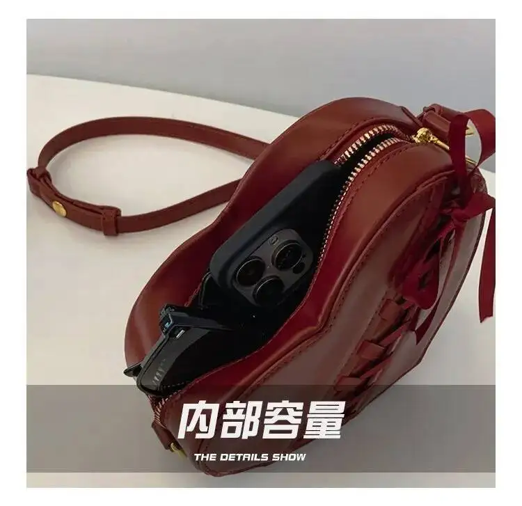 Bloom Heart Red Crossbody Bags For Women 2025 Pu Leather Chic Bow Messenger Bag Ladies Retro Sweet Handbag Purse Female