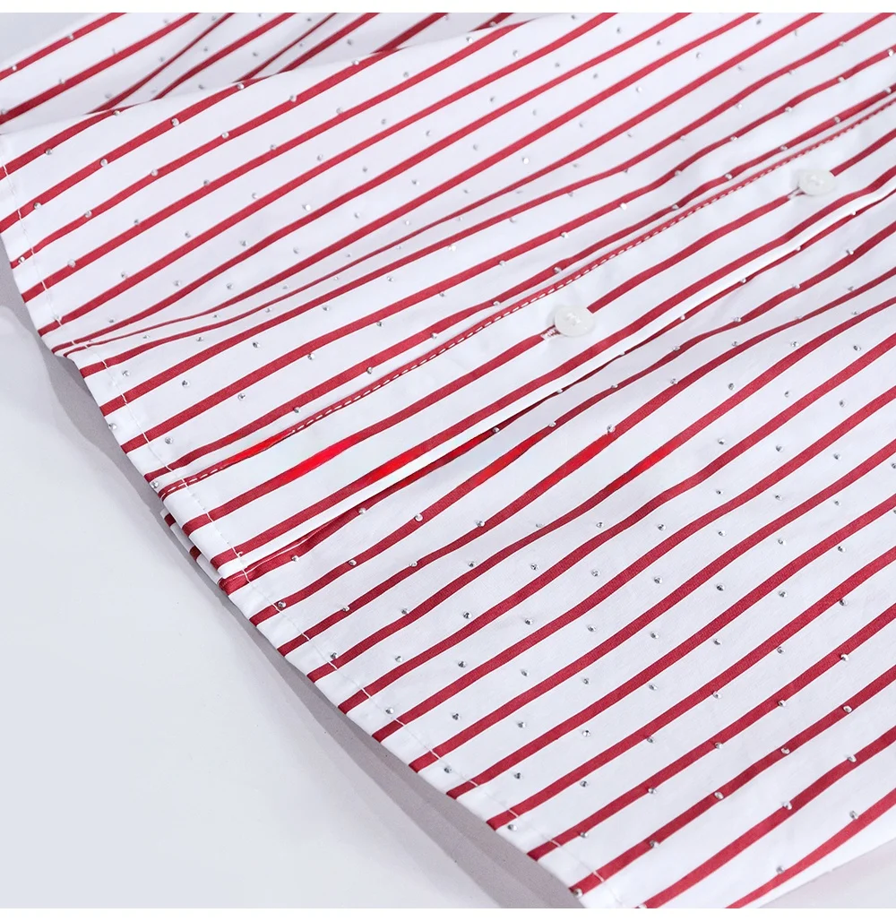 

Женский хлопковый топ M Home Early Autumn Long Sve irt Red White Stripes ket с отложным воротником и бриллиантами