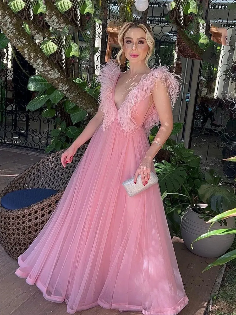 Pink Tulle Sleeveless Feather Evening Dress Luxury Elegant A Line Floor Length Homecoming Prom Party Gown robe de soirée 드레스