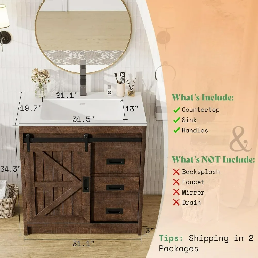 bathroom organizers, Bathroom Vanity with Sink Combo, Sliding Barn Door Bathroom Vanity Cabinet Set with Storage Drawers, Metal 