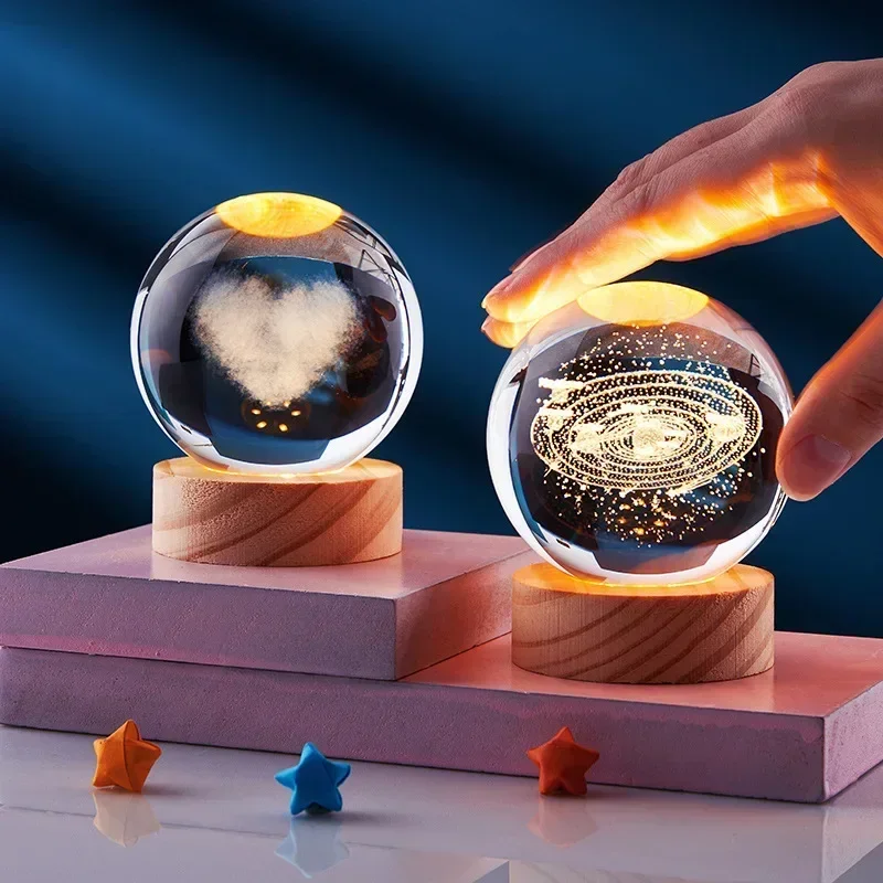 3D Crystal Ball 60mm Wooden Base Laser Engraved Solar System Globe Galaxy Astronomy Birthday Gift Home Desktop Decorationation