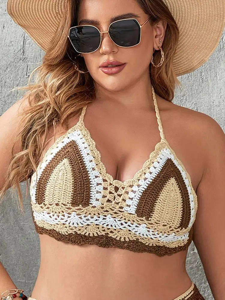 Plus Size Crochet Bikini Sets Multi Color Knitted Rainbow Striped Off Shoulder Top + Bottom Bikini Beachwear Beach Swimwear