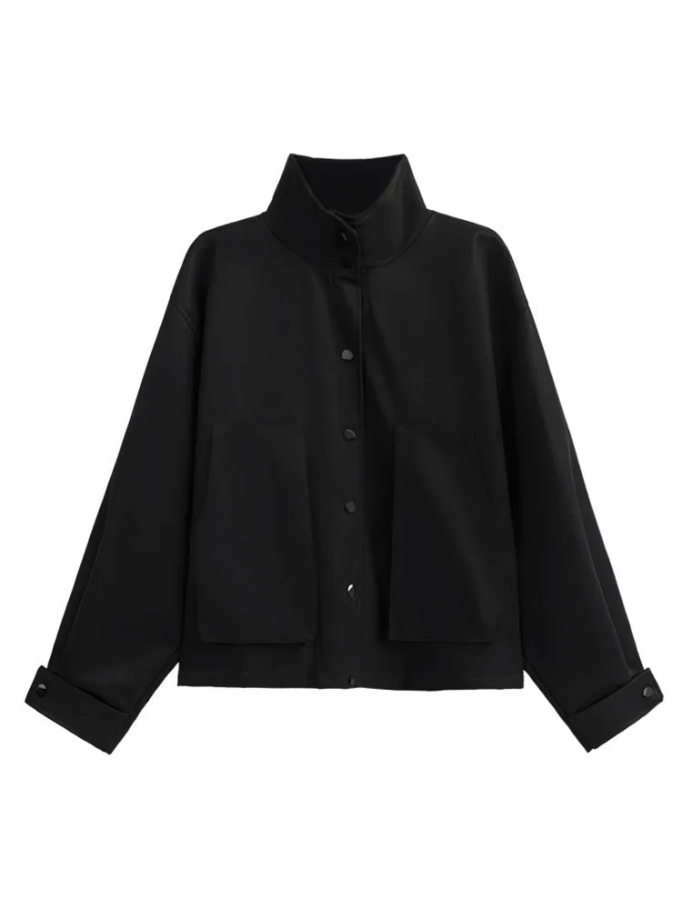 EAM-chaqueta holgada de cuero PU para mujer, abrigo de manga larga con cuello levantado, talla grande, color negro, a la moda, para primavera y otoño, 2024, 1DH2230