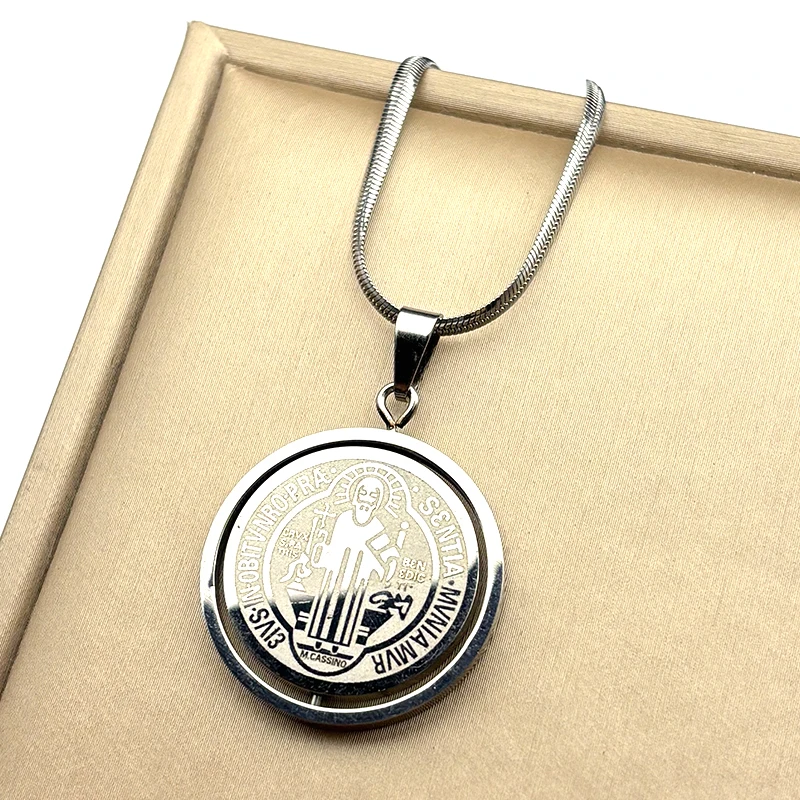 تدوير الكاثوليكية سانت بنديكت ميدالية قلادة للنساء الرجال الفولاذ المقاوم للصدأ الذهب اللون سلسلة القلائد مجوهرات سان بينيتو