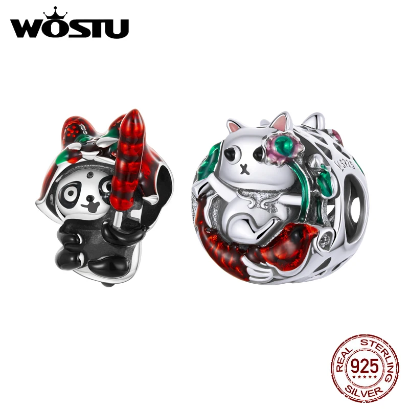 WOSTU 925 Sterling Silver Traditional Chinese New Year Panda Charm Bead Pendant Fit Original Bracelet Necklace For Women Jewelry