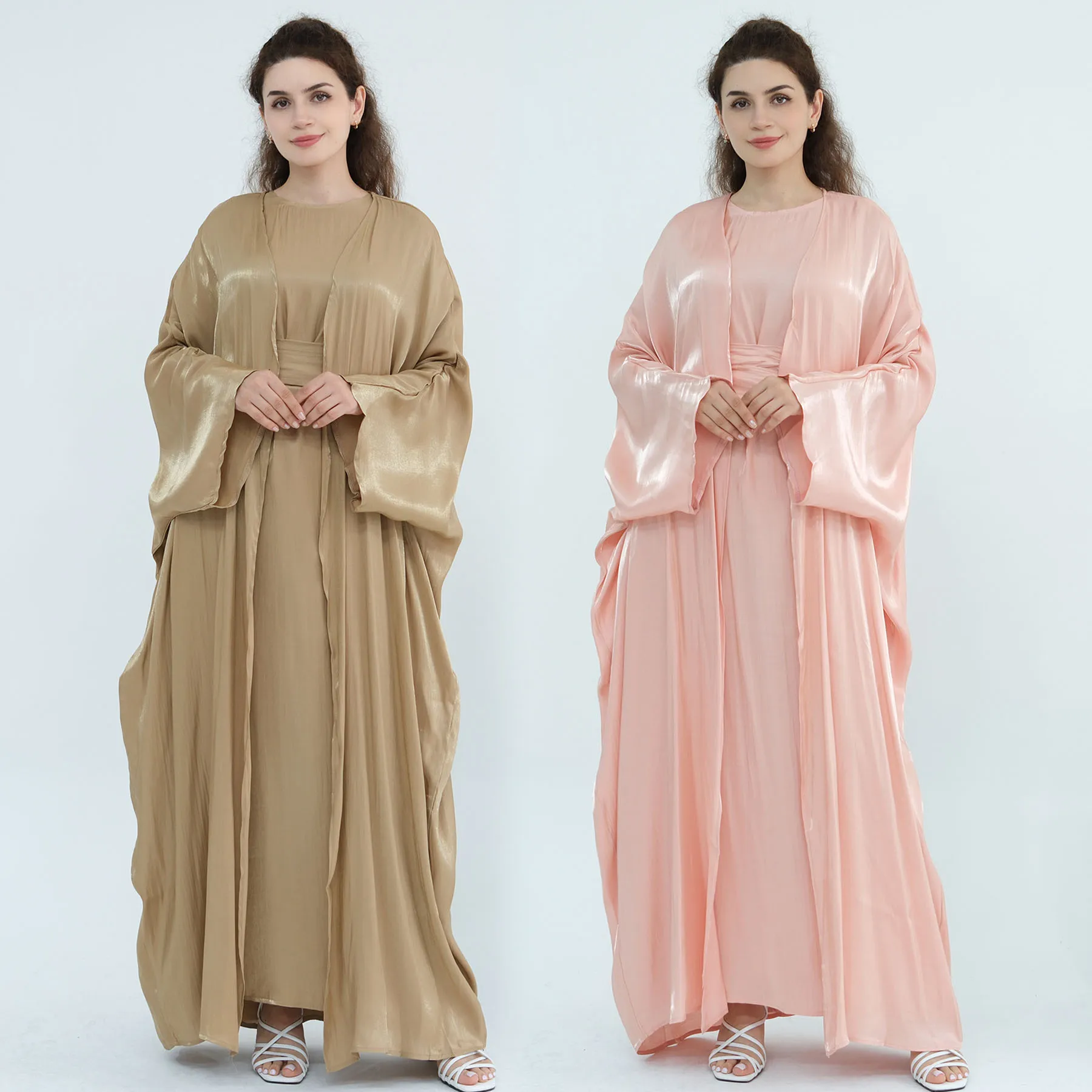 Summer Shiny Hijabi Abaya 2PC Set, Evening Party Muslim Women Suit, Sleeves Dress+Batwing Sleeves Abaya, Dubai Islamic Clothing