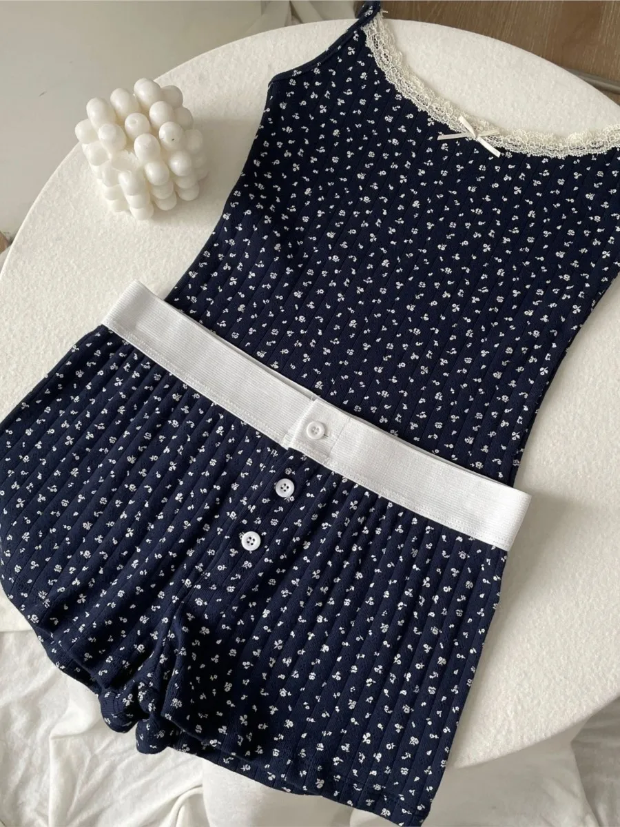 Sweet Floral Print Eyelet Bow Cropped Vests Women Cotton Casual Slim Lace Trim Tank Tops Vintage Preppy Style Cute Camisole Y2K