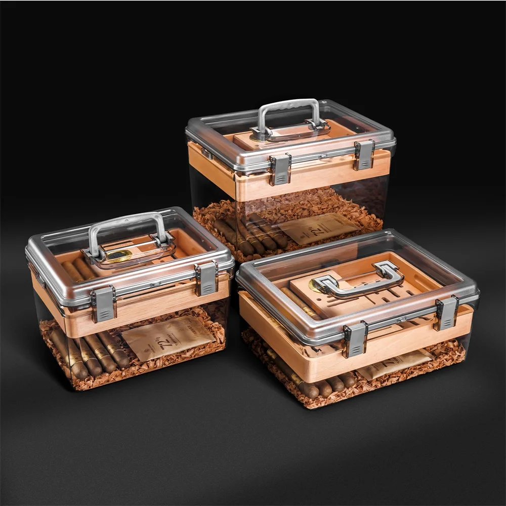 Cigar Case Portable Humidor with Humidifier Hygrometer Cedar Wood Transparent Box Sealed Moisturizing Smoking Accessory CA-24EX